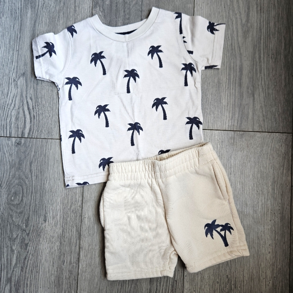 Tuff Guys Palm Tree Print T-Shirt and Shorts Set Size 3-6 Months -Tan, Navy